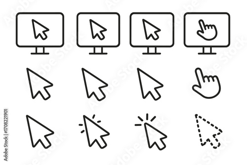 Pack of computer and monitor line icons with cursor pointer outline signs, graphic and web design symbols, app icons, advertising elements, digital interface pointers, vector cartoon illustration set