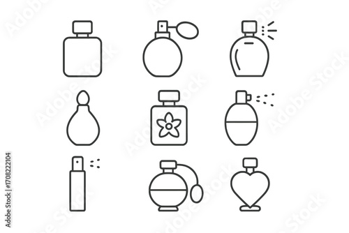 Perfume thin icons set with editable stroke, vector cartoon illustration of various perfume bottles, sprays, and elegant fragrance containers, ideal for web, books, cards, and apps design