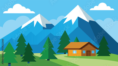Tranquil mountain retreat wooden chalets evergreen trees snow capped peaks sunny day