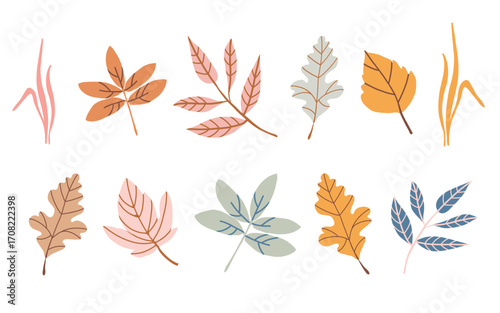 Autumn leaves collection. Seasonal design elements. Hand drawn fallen leaves isolated on white background. Set with foliage illustrations. Vector illustration in pastel pink, yellow, brown tones.