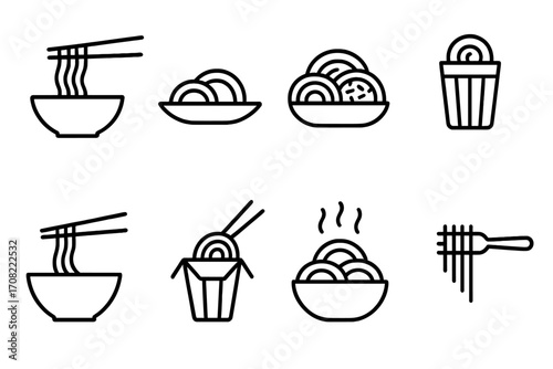 Minimalist Noodle Line Icons Set, Linear Pictograms for Web, Apps, Banners, Social Media, Cards, Vector Illustration of Asian Food, Japanese and Chinese Cuisine Symbols