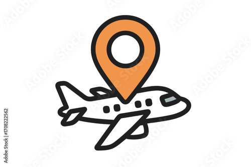 Simple icon of map pin over airplane, travel location marker, vector cartoon illustration for apps, graphic design, navigation concept, transparent background vector