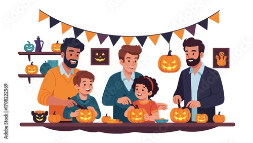 Halloween Family Carving: A cheerful family, gathered around a table, excitedly carves pumpkins for the upcoming Halloween celebration, with carved pumpkins creating a vibrant, spooky scene.