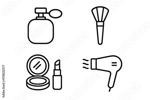 Simple linear beauty illustration with icons of perfume bottle, makeup brush, cosmetics compact with lipstick, hair dryer, cosmetic tools, beauty concept vector graphic