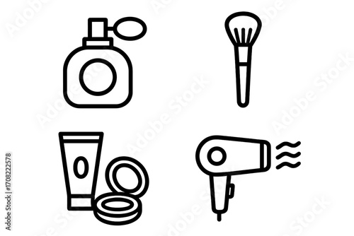 Simple linear beauty illustration with icons of perfume bottle, makeup brush, cosmetics compact and cream tube, hair dryer for beauty graphics, app design, vector cartoon concept