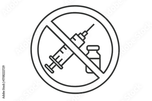 Prohibited vaccination icon with syringe and vial, no injection symbol, medicine restriction sign, health warning vector illustration, line art medical concept
