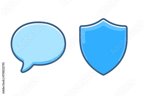 Speech bubble and shield icon isolated. Interface design symbols for posts, advertisements, cards. Vector blue cartoon illustration, transparent background, set of communication and protection.