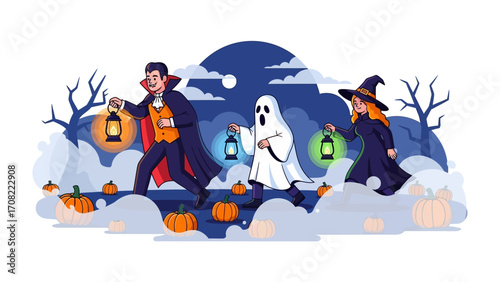 Spooky Halloween Night: Three iconic Halloween characters traverse a misty landscape beneath a moonlit sky, lanterns in hand, promising thrills and chills for the festive season.