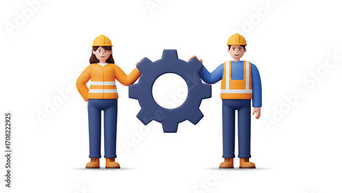 Two cartoon construction workers in hard hats and vests stand on either side of a large blue gear, symbolizing teamwork and industry.