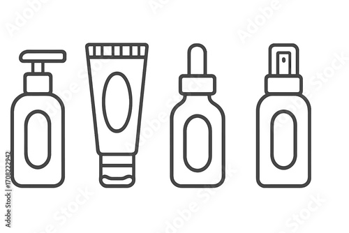 Vector set of cosmetic bottles icons with transparent background, including pump bottle, cream tube, dropper bottle, and spray bottle, skincare, beauty products, hygiene essentials