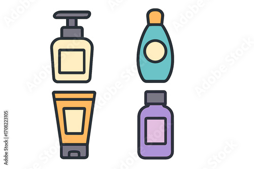 Thin icon set of cosmetic bottles and containers for skincare and beauty products, vector cartoon illustration with transparent background, includes lotion, shampoo, cream, and serum bottles