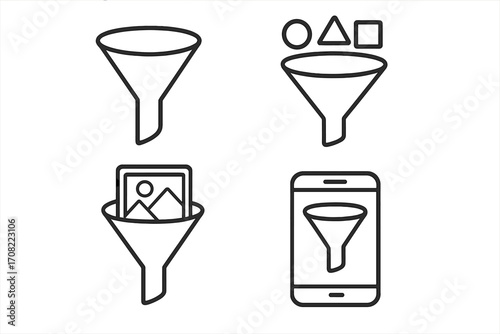 Thin line funnel icon set for graphics and app concepts, vector cartoon illustration with transparent background, including shape filter, image filter, and mobile filtering, ordered set