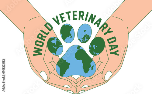 Hands cradling a paw print with Earth inside, celebrating World Veterinary Day and animal care