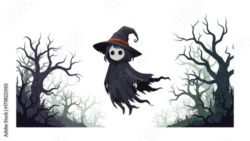 Mysterious Entity in the Spooky Forest: A haunting character in a black robe and hat floats in a misty, bare-branched forest, conveying a sense of mystery and the spirit of the Halloween season.