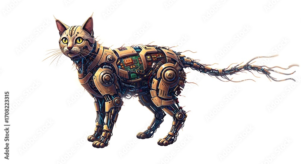 Fototapeta premium A steampunk robotic cat with yellow eyes standing on a white background in a side view pose