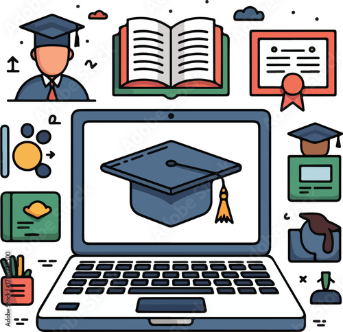 Education icon set with graduation cap books diploma laptop and learning symbols