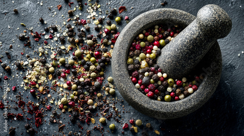 Fototapeta Naklejka Na Ścianę i Meble -  High-quality photo of a granite mortar and pestle surrounded by mixed peppercorns and spices on a rough dark surface, showcasing culinary artistry and seasoning preparation.