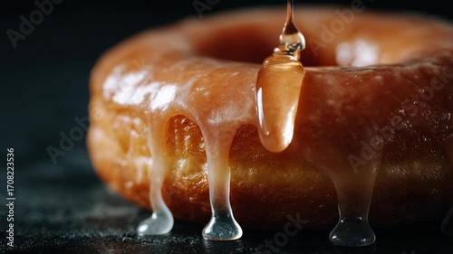 Golden Liquid Drip on Freshly Glazed Donut with Soft Texture and Glossy Finish