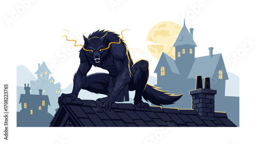 Werewolf Under Moonlight: A formidable werewolf, silhouetted against the eerie glow of the moon, perches atop a rooftop, creating a haunting atmosphere.