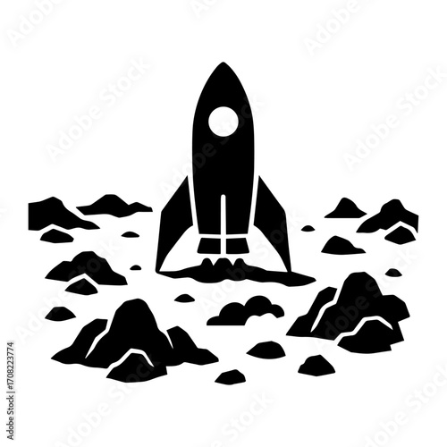 Vector illustration of a rocket landing on a rocky planetary surface, symbolizing space exploration, mission arrival, and interplanetary travel.