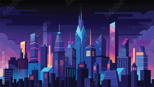 Vibrant neon metropolis skyline at night cityscape vector illustration scalable eps