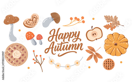 Autumn attributes isolated on white background. Fall clip art set. Pumpkins, leaves, pastries, mushrooms, twigs. Happy Autumn Lettering. Vector illustration in beige and brown colors. Cozy autumn