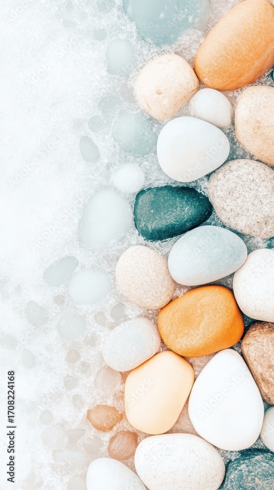 Fototapeta premium Smooth pebbles lying on a light sandy surface, showing different colors and textures, creating a natural border on a background.