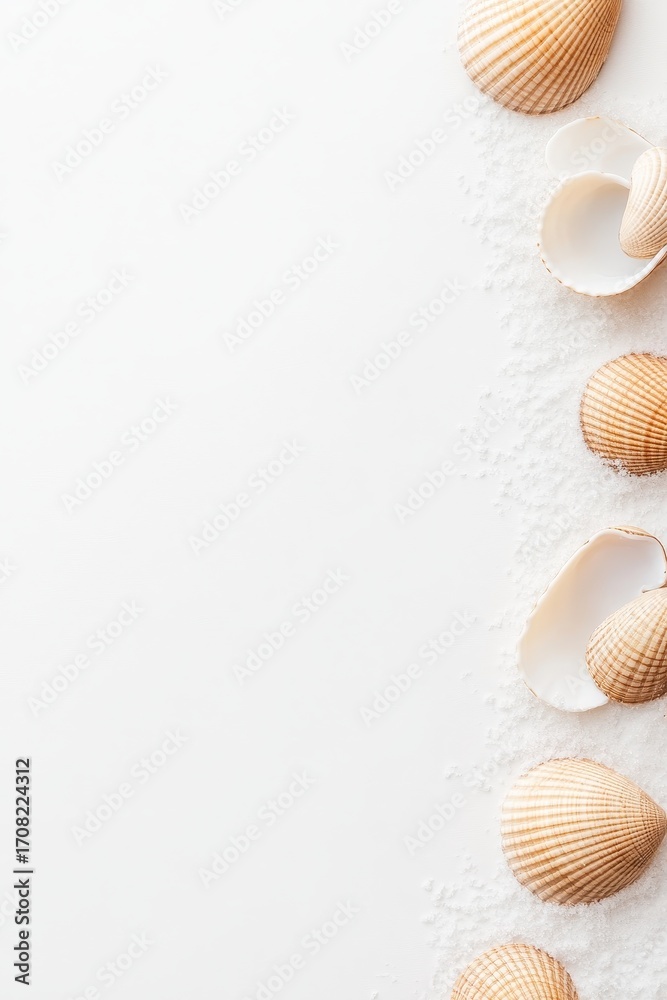 Obraz premium Seashells arrangement. Open shells lying near each other. Fine sand decorates around the objects on a white background. Clean, bright scene.