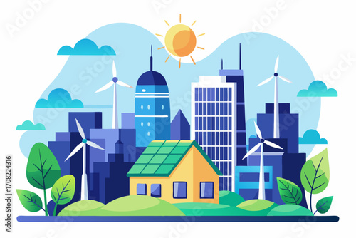 Sustainable city skyline with modern home and wind turbines promoting eco friendly living