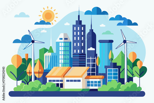 Modern sustainable city with wind turbines, buildings, and trees for eco-friendly living