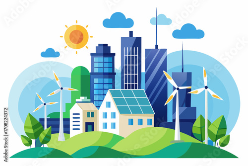 Modern city with sustainable energy solutions windmills and solar panels for eco-friendly living