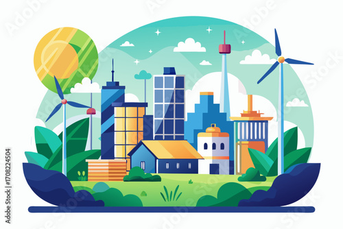 Sustainable city illustration with wind turbines and modern architecture for eco conscious designs