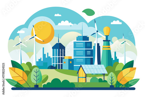 Sustainable city with wind turbines and solar power for a clean, green future and environmental conservation