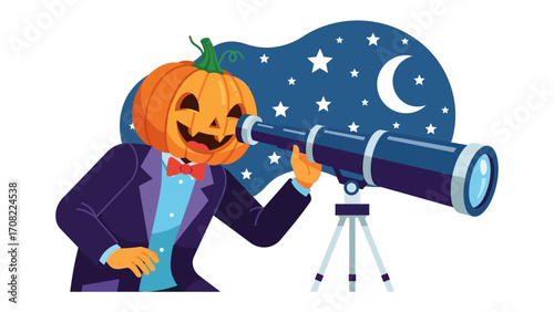 Pumpkin-Headed Explorer gazes through a telescope under the starry night sky: A whimsical illustration depicts a pumpkin-headed figure, dressed in formal attire.