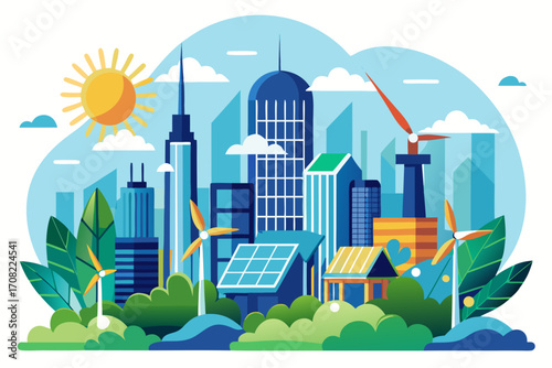 Sustainable city living with renewable energy sources and modern architecture, a green eco-friendly urban landscape