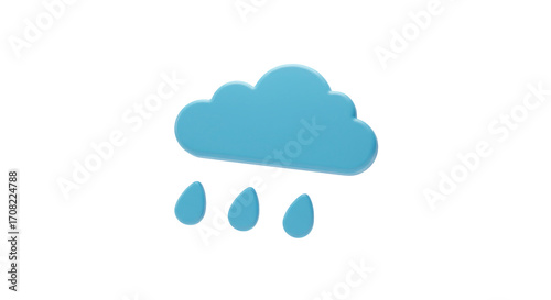 A vivid blue 3D rendered cloud icon with three distinct raindrops falling, symbolizing weather, precipitation, and the essential natural water cycle.
