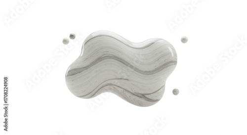 A minimalist 3D abstract render of an organic fluid shape with subtle grey marble texture and tiny floating spheres on a white background.