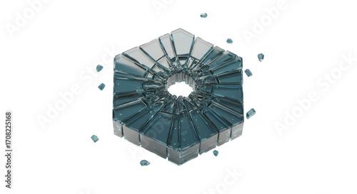A futuristic crystalline hexagon shatters into numerous fragments, revealing a central void, symbolizing breakdown, innovation, or complex data structures.