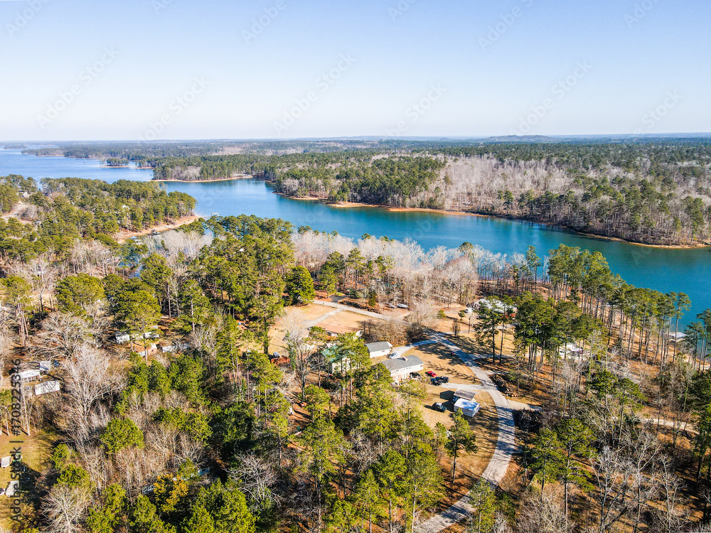 Obraz premium Aerial landscape Clarks Hill Lake in winter after Hurricane Helene in Appling Augusta Georgia