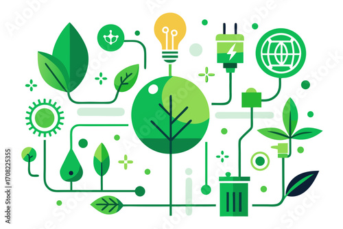 Sustainable living vibrant graphic showing connection between nature, energy, and recycling