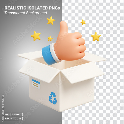 3D Thumbs Up in Open Shipping Box with Stars Transparent PNG file ready to be used.