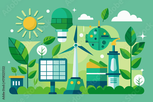 Sustainable living illustration, clean energy sources, renewable energy, modern eco friendly technology design