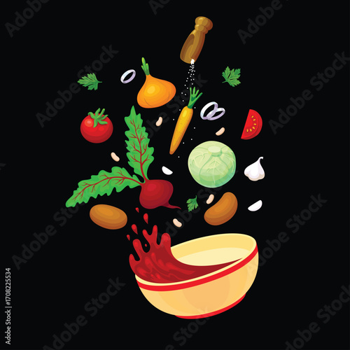 Vector illustration of Ukrainian borshch. Beetroot, cabbage, carrot, onion, potato, tomato, garlic, beans, parsley, and spices. Perfect for concepts of traditional food, national dishes, and cooking.