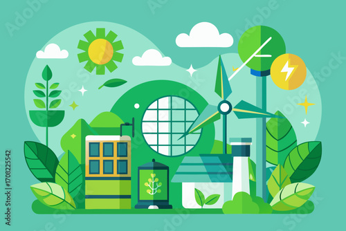 Sustainable city with wind turbine and solar energy, a vibrant future for environmentally friendly world