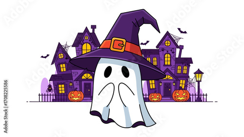 Spooky Halloween: An illustrated portrayal of a ghostly figure donning a witch's hat against the backdrop of a spooky haunted house on Halloween night. Embodying the festive spirit of the season.
