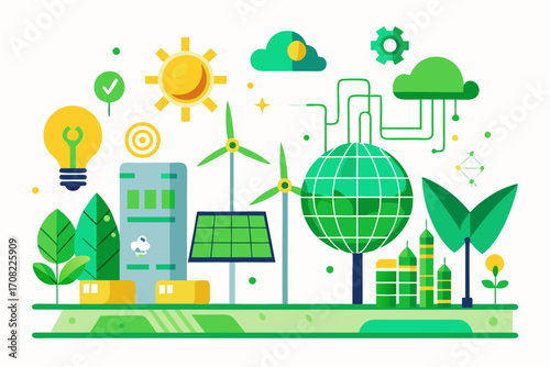 Vibrant green energy solutions for sustainable world with modern solar and wind power innovations