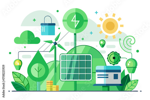 Modern green energy solution with solar panels and wind turbines promoting sustainability