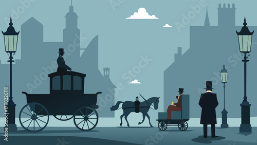 Victorian london street scene with horse-drawn carriages and silhouetted buildings vector illustration