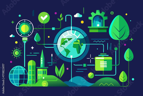 Sustainable future icons design representing ecology and clean energy solutions with a global perspective