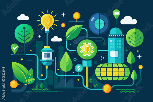 Sustainable urban development concept with green energy solutions and innovative technologies
